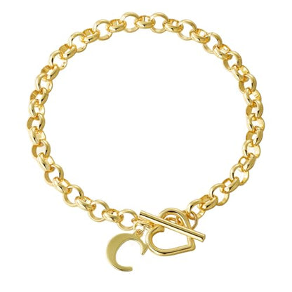 14K Gold Plated Stainless Steel A-Z Alphabet Letter Heart Bracelet | Non-Tarnish Dainty Charm with a Romantic Toggle Clasp Daily Fashion Jewelry, 7-inch Rolo Chain, Personalized Gift for Her - color: C