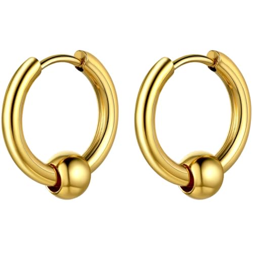ChainsHouse Stud Earrings for Men Women,316L Stainless Steel/14K Gold/Black Plated Metal, Punk Hypoallergenic Surgical Huggie Hoop Earrings Mens Jewelry Piercing Hoop Earrings - style: B: Gold-Bead Hoop(1 Pair)