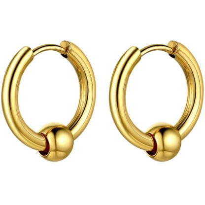 ChainsHouse Stud Earrings for Men Women,316L Stainless Steel/14K Gold/Black Plated Metal, Punk Hypoallergenic Surgical Huggie Hoop Earrings Mens Jewelry Piercing Hoop Earrings - style: B: Gold-Bead Hoop(1 Pair)