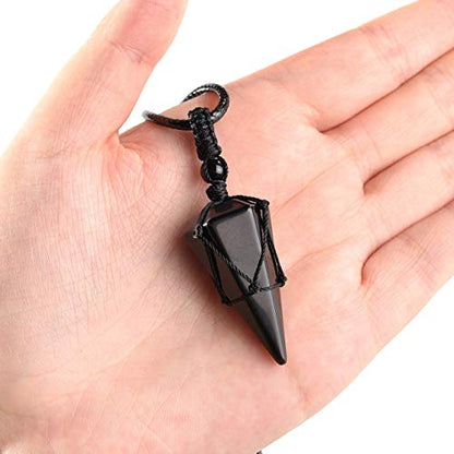 Top Plaza Mens Necklace, Crystal Gemstone Protection Pendant Necklace | Healing Crystals Necklace for Men Adjustable 6 Facet Pointed Necklace Energy Natural Quartz Protect Jewelry Gifts - color: Black Rope - Tiger Eye Stone+Black Obsidian