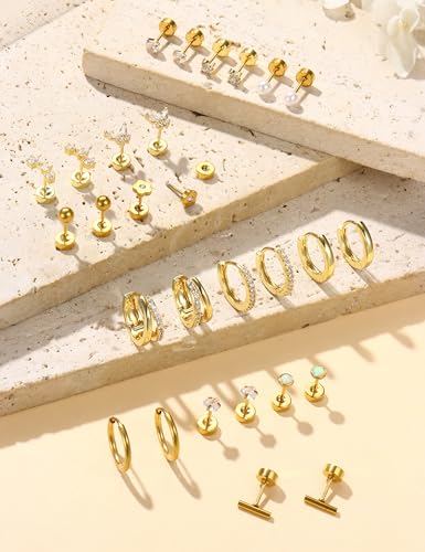 BESTEEL Hypoallergenic Flat Back Earrings - 14K Gold Plated Cartilage Earring Sets 20G Surgical Stainless Steel Earrings for Women Small Hoop Flatback Stud Earring Stacks Helix Conch Tragus Piercing Jewelry - color: 14K Gold Plated