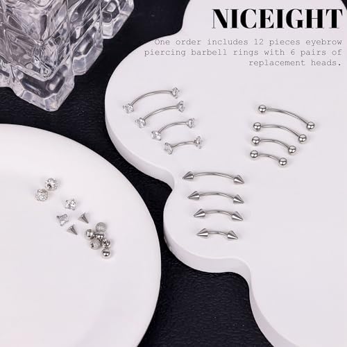 NICEIGHT 12Pcs 16G 18G Surgical Steel Eyebrow Piercing Jewelry for Women Men Small Curved Barbell Rings Vertical Labret Lip Jewelry Ear Rook Helix Daith Ring 6-12MM with 12Pcs Replacement Balls - color: Silver, size: 16G