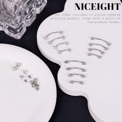 NICEIGHT 12Pcs 16G 18G Surgical Steel Eyebrow Piercing Jewelry for Women Men Small Curved Barbell Rings Vertical Labret Lip Jewelry Ear Rook Helix Daith Ring 6-12MM with 12Pcs Replacement Balls - color: Silver, size: 16G
