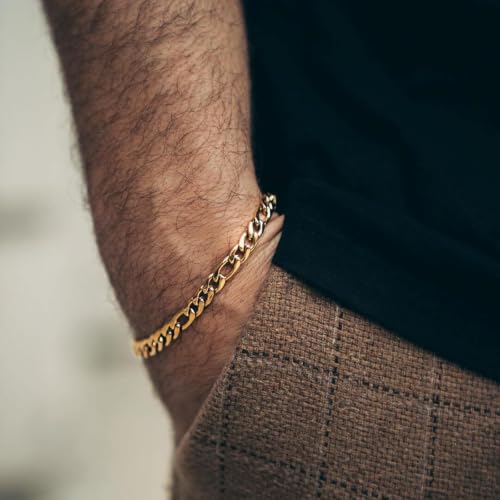 14K Gold Figaro Bracelet for Men Women 6mm/8mm, Non-Tarnish Lobster Clasp | Diamond-Cut Figaro Link Bracelet, 7.5/8/8.5in Gold Chain, Hypoallergenic, Trendy Dainty Jewelry Gift - size: 6mm Figaro Bracelet