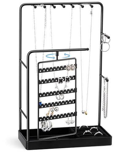 ProCase Jewelry Stand Holder Organizer and Storage, Black (No-Assembly) | Rotating Earring Bracelet Holder Storage, Hanging Jewelry Display Velvet Ring Tray, Teen Girls Birthday Gifts Room Dorm Decor - color: Black (No-Assembly), size: Medium (7.87" W × 3