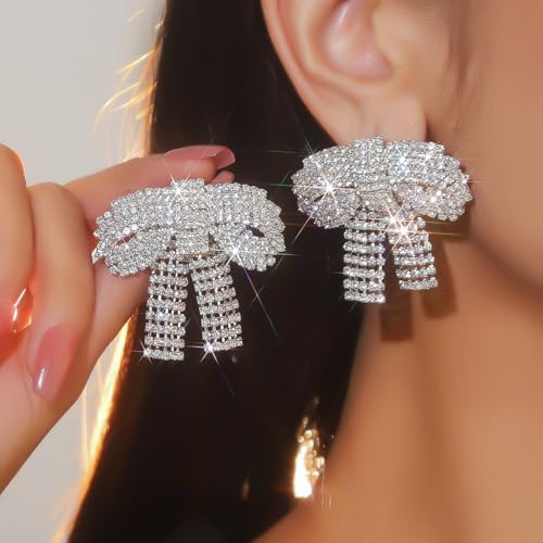 Rhinestone Earrings Dangling for Women Sparkly Silver Dangle Earrings Girls Long Chandelier Earrings Tassel Lightweight Ear Studs Cubic Zirconia (KE001S-W) - color: Bow BXE013S