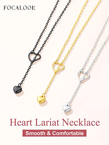 FOCALOOK Heart Lariat Necklaces for Women, Long Slip Chain Necklace | Hypoallergenic 316L Stainless Steel Silver/Black/Gold Plated, Front Slider Closure, Non Tarnish, Layered look, Everyday Wear - color: 02:Silver Heart