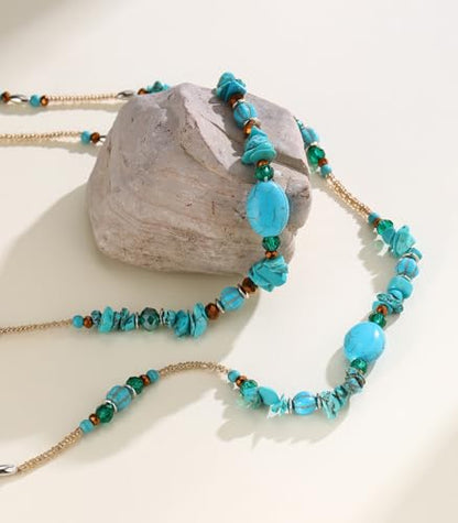 Noessla Boho Long Beaded Necklaces for Women Double Layer Chunky Irregular Stone Beads Strand Statement Jewelry Mothers Day Gifts - color: Turquoise