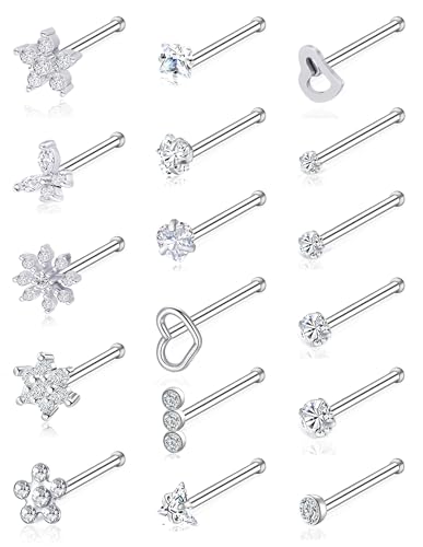17Pcs Nose Rings Studs 20G Surgical Stainless Steel L Corkscrew Bone Shaped Nose Studs Butterfly Flower Heart Star Square Round CZ Nostril Piercing Jewelry for Women Silver Plated - style: C:Bone Shaped