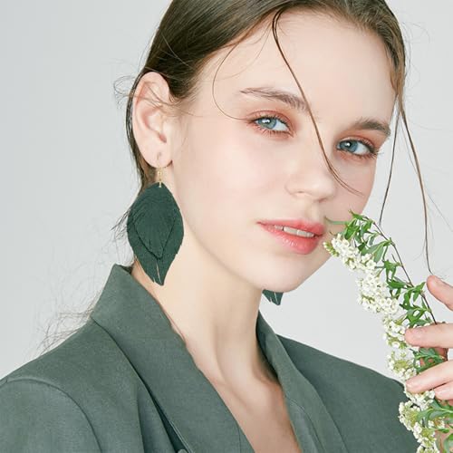 Genuine Leather Handmade Fringe Feather Lightweight Dangle Drop Earrings Teardrop Tassel Hook Earrings for Women - style: 2 Grass Green
