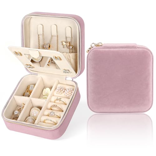 MFXIP Plush Velvet Travel Jewelry Case Small Jewelry Box Jewelry Organizer Storage Case Portable Jewelry Travel Case for Girls Womens Earring, Necklace, Rings,Bracelets with Mirror - color: Nude Pink