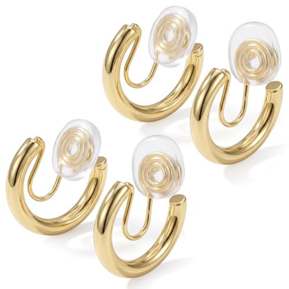2 Pairs Gold Chunky Hoop Earrings for Women | Small Lightweight Clip On Earrings for Non Pierced Ears, Comfortable Cushion & Non-Slip Grip for Sensitive Ears