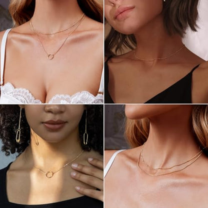 Airmb Gold Layered Necklaces for Women 14k Gold Plated Dainty Stackable Choker Necklaces for Women Trendy Layering Chain Cute Pendant Necklace Set Gold Jewelry for Women - color: 3PCS-Beaded&Box&Circle-Gold