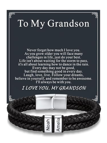 Custom4U Personalized Braided Leather Bracelet for Men with Name Engraved | 1-5 Name Engraving, Stainless Steel Bead, 7.5/8.3/9 Inch Black Leather, Gift Design for Men with Custom Keepsake Cards - color: 01-Steel Color-To My Grandson, size: 2 Names