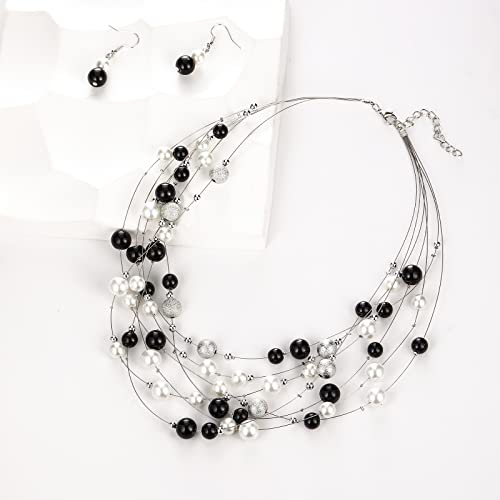 FULU AUTUMN Layered Pearl Necklace Multi-strand Pearl Choker Necklaces for Women Beaded jewelry for Wedding Parties - color: 37-Black and white