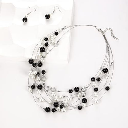 FULU AUTUMN Layered Pearl Necklace Multi-strand Pearl Choker Necklaces for Women Beaded jewelry for Wedding Parties - color: 37-Black and white