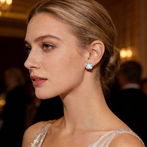 Titanium Stud for Sensitive Ears, Gold Plated Halo Cubic Zirconia Earrings - color: Square White Stud