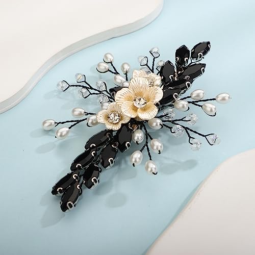 Xerling Black Rhinestones Crystal Flower Hair Barrettes Clip Boho Bridal Pearl Hair Jewelry Accessories for Women Wedding Floral Headpieces (Black) - color: Black