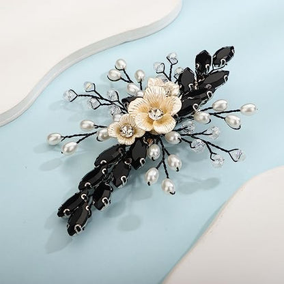 Xerling Black Rhinestones Crystal Flower Hair Barrettes Clip Boho Bridal Pearl Hair Jewelry Accessories for Women Wedding Floral Headpieces (Black) - color: Black