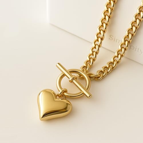 Zeffy 14K Gold/Silver Plated Chunky Thick Chain Toggle Clasp Necklace Dainty Baroque Pearl/Heart/Cross/Turquoise Pendant Necklace - color: Gold Small Heart Necklace