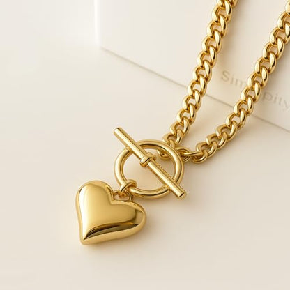 Zeffy 14K Gold/Silver Plated Chunky Thick Chain Toggle Clasp Necklace Dainty Baroque Pearl/Heart/Cross/Turquoise Pendant Necklace - color: Gold Small Heart Necklace