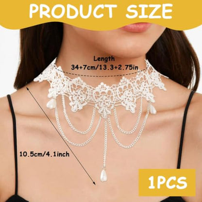 White Lace Choker Necklace for Women Tassel Pearl Choker Necklaces Boho Collar Statement Artistic Chain with Pearl Cosplay Costume Party Jewelry