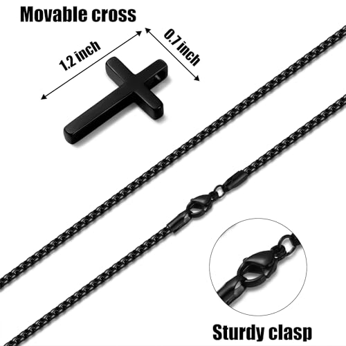 Fiusem Cross Necklace for Men, Stainless Steel Cross Pendant Jewelry Gift | Silver/Gold/Black Mens Cross Necklaces with 2.5mm Cross Chain, Box Chain 16-28 Inch - size: 24.0 Inches, style: Small Black cross: 1.2" * 0.7"