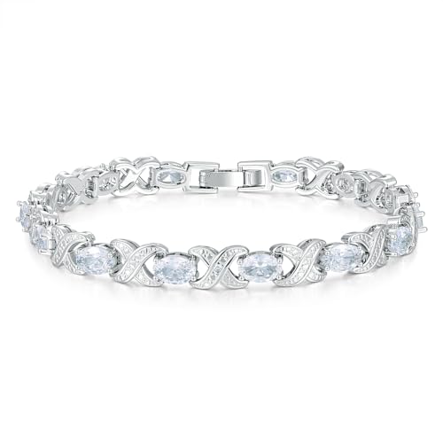 Tennis Bracelets for Women, Oval Tennis Bracelets with X-Shape Classic Design Cubic Zirconia Bracelet for Women Men, 14K White Gold Plated Elegant CZ Bracelet 6.5-7.5 Inches - size: 7.5 inch