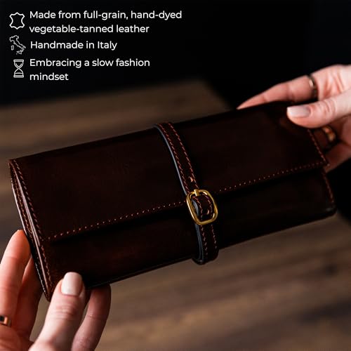 Time Resistance Leather Jewelry Roll - Full Grain Leather Travel Jewelry Case - Jewellery Organizer Made in Italy (Brown) - color: Brown