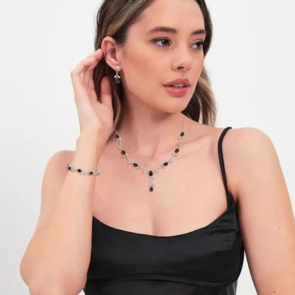 Crysdue Wedding Jewelry Set for Brides Bridesmaid, Cubic Zirconia Teardrop Marquise Leaf Cluster Pendant Necklace Bridal Tennis Bracelet Drop Earrings for Women Party Prom - style: A- CZ set-black, silver