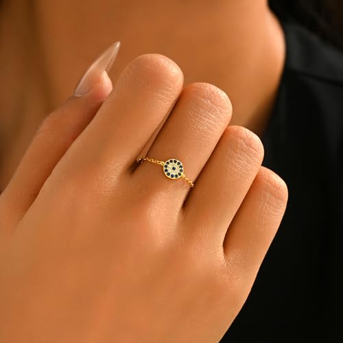 925 Sterling Silver Adjustable Link Chain Rings for Women Daughter | Dainty 14k Gold Plated Evil Eye/Cross/Flower Ring Sparkly Twist Rope with Bead Dangle Stackable Ring Jewelry Birthday Gifts - color: Style 7-Gold