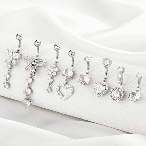 BSJ4U 8Pcs Gold Pink Silver Belly Button Ring Dangle Navel Belly Piercing Jewelry Cute CZ Butterfly Heart Flower Bow Navel Belly Rings for Women 14G Hypoallergenic Surgical Stainless Steel Dainty Dangling Dangly Belly Button Piercing Pack - color: Silver