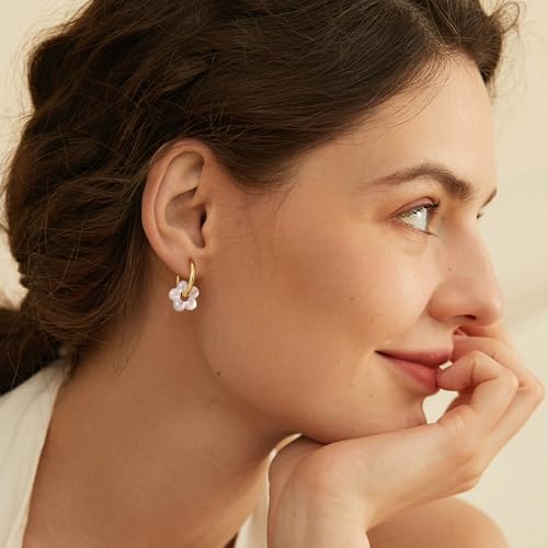 Robaice Pearl Earrings for Women, 14K Gold Plated Dangle Drop Earrings | Small Pearl Drop Huggie Hoop Earrings, Hypoallergenic Dainty Gold Earrings, Wedding Jewelry Gifts for Women Trendy - style: gold flower-1