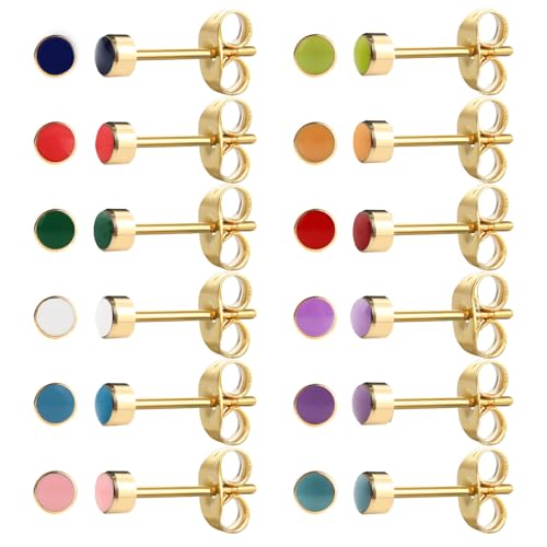 12 Pairs 18K Gold Plated Surgical Stainless Steel Stud Earring Cubic Zirconia CZ Multicolor Birthstone Stud Earrings Set - style: gold enamel 3mm
