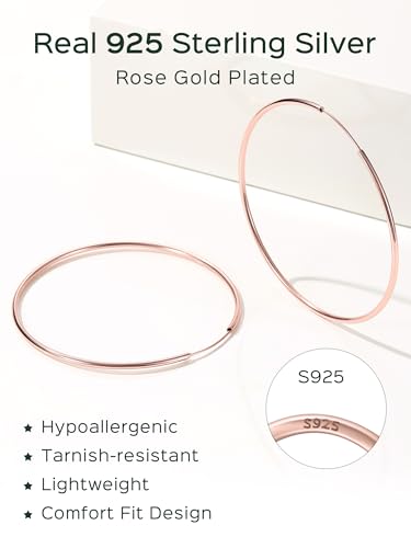 ChicSilver 925 Sterling Silver Hoop Earrings for Women Hypoallergenic, Lightweight Large Gold Plated Silver Hoop Earrings, Endless Hoops Earring 20/30/40/50/60/70MM - color: A. High Polished Rose Gold, size: 70mm