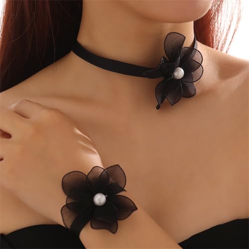 Nojess Black Bow Earrings Necklace Set Fabric Rose Flower Choker Necklace Bracelet Set for Party Bride Wedding Prom Jewelry - color: Black Flower Necklace Bracelet Set