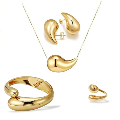 Gold-Plated Teardrop Jewelry Set, Necklace, Earrings, Ring, Bangle Bracelet, Chunky Twisted Hinged Waterdrop Set for Women, Gold-Plated Baroque Style Jewelry Set