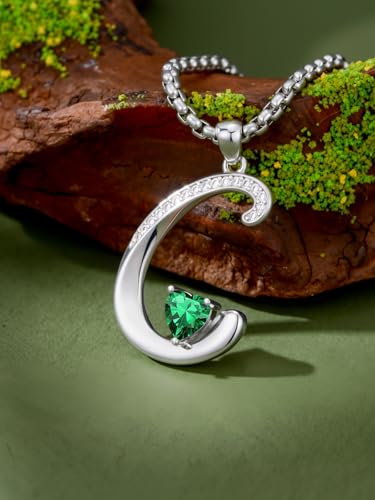 A to Z Initial Birthstone Pendant Necklaces Name Jewelry for Women | 18K White Gold Plated Personalized Alphabet Jewelry Anniversary Christmas Birthday Gifts for Wife Her Daughter Girlfriend - color: C Initial-05-May