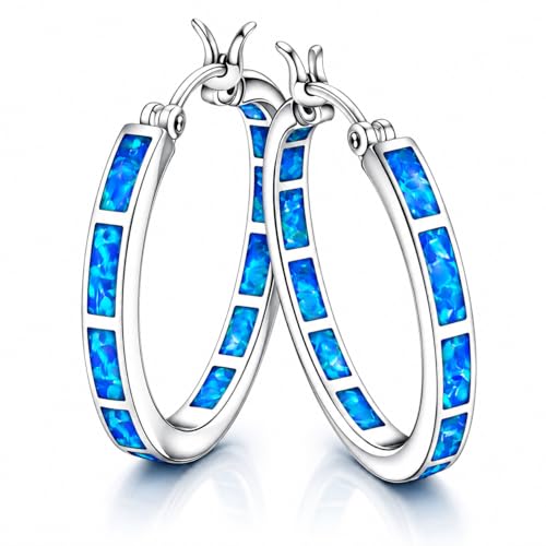 Blue Fire Opal Hoop Earrings for Women – Silver-Plated Inlay Hoops – Lightweight Boho Earrings – Ocean Style Jewelry Gift
