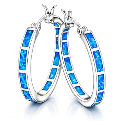 Blue Fire Opal Hoop Earrings for Women – Silver-Plated Inlay Hoops – Lightweight Boho Earrings – Ocean Style Jewelry Gift