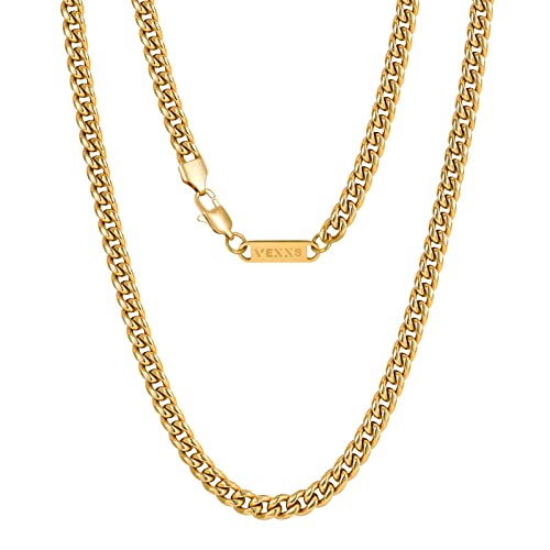 VEXXS Men's Gold Chain,18K Real Gold Filled Cuban Link Chains, 316L Stainless Steel Durable No Color Fading 3mm 4mm 6mm Men’s Necklace Chain Urban Fashion Street Wear Gift for Men Women - size: 20 inches, style: 4mm-18K Gold