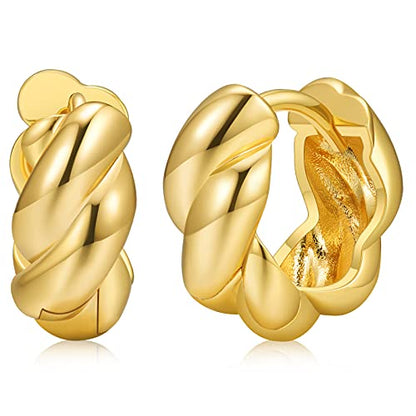 Small Huggie Hoop Earrings For Women, Real Gold Plated Croissant Square Round Earrings Lightweight Everyday Jewelry Hypoallergenic for Sensitive Ears - color: Gold Bold Twist