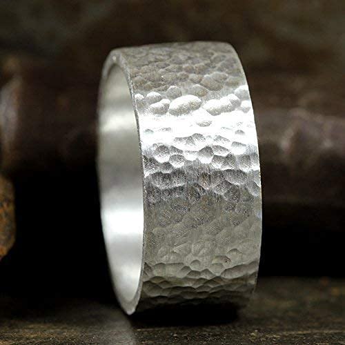 925 Sterling Silver Wedding Ring Hammered Flat Pipe Cut Textured Thick & Durable Handmade Unisex Mens & Women Rustic Engagement Promise Band - US Size 4-13 - Custom Engraving - color: 01 - 9mm Silver