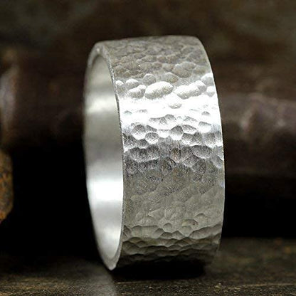 925 Sterling Silver Wedding Ring Hammered Flat Pipe Cut Textured Thick & Durable Handmade Unisex Mens & Women Rustic Engagement Promise Band - US Size 4-13 - Custom Engraving - color: 01 - 9mm Silver