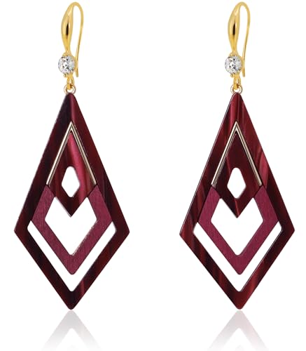 Ozel - Natural Wooden Acrylic Boho Drop Dangle Earrings for Women - Geometric Statement Jewellery - Brown, Black, Magent Red, Olive Green, White beige - color: Diamond_Magenta