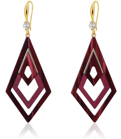 Ozel - Natural Wooden Acrylic Boho Drop Dangle Earrings for Women - Geometric Statement Jewellery - Brown, Black, Magent Red, Olive Green, White beige - color: Diamond_Magenta