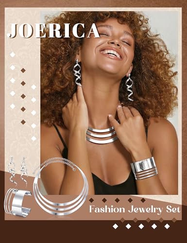JOERICA Bib Choker Necklace Set for Women Wide Cuff Bangle Bracelets Long Statement Dangle Earrings African Costume Jewelry Set - color: Silver Tone