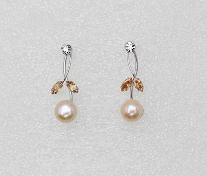 Faship Genuine Freshwater Pearls Floral Necklace Earrings Set | Premium CZ Crystal, Gorgeous, Sparkling - color: Brown