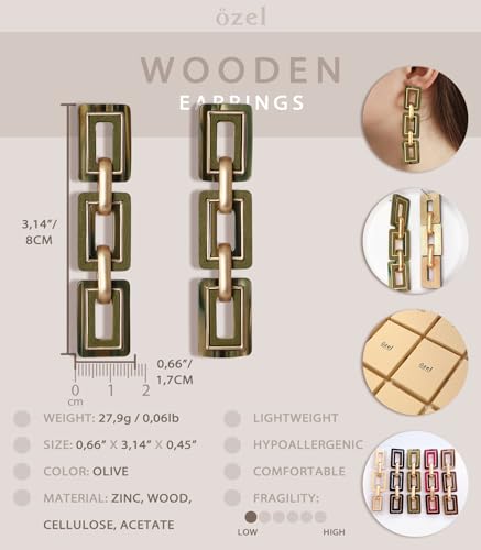 Ozel - Natural Wooden Acrylic Boho Drop Dangle Earrings for Women - Geometric Statement Jewellery - Brown, Black, Magent Red, Olive Green, White beige - color: 3Square_Olive