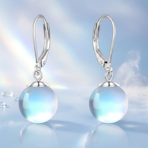 Pearl Leverback Earrings for Women Dangle Round Gemstone Earrings Birthstone Jewelry Gift Anniversary for Her - color: 13 Moonstone